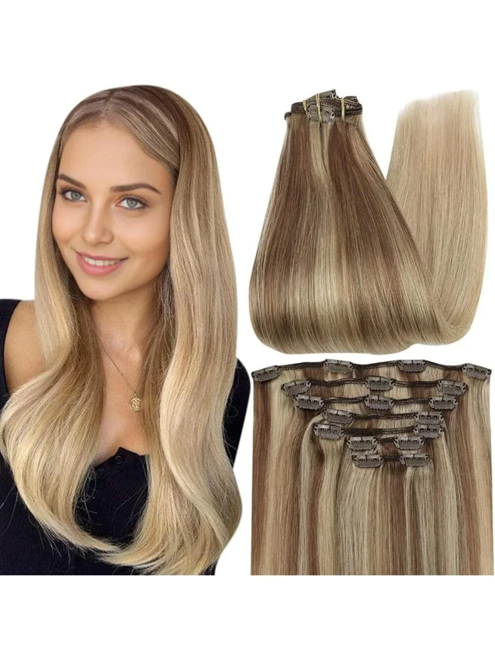 12-Inch Balayage Clip-In Hair Extensions - Golden Brown to Blonde Highlights, 7